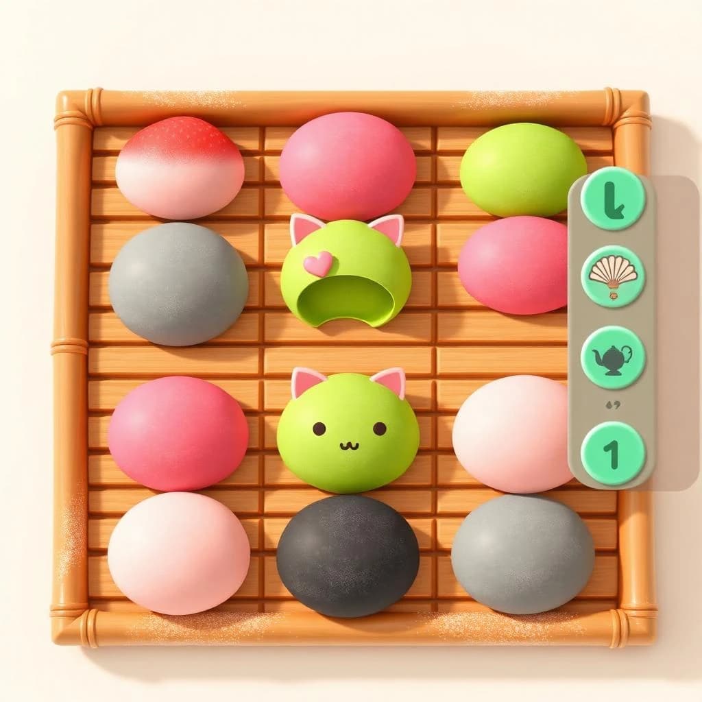 Match three board for a cozy sweets game, cute stylized 3D animation look. Nine mochi in a three by three grid on a bamboo tray: the top row strawberry pink, the middle row matcha green, the bottom row black sesame grey. The center green one has a bite taken out and a small heart icon floating above it. Two of the pink mochi wear tiny cat ears. To the right of the tray, a vertical strip of three power up icons, a whisk, a teapot and a fan. Soft pastel lighting, glossy dusted surfaces.