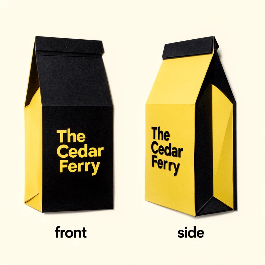 Cut-paper collage: one coffee bag in two views. The views are captioned "front" and "side" in that order. The wordmark "The Cedar Ferry" appears on every view. The black-and-yellow coloring is the same across every view, and only the angle changes.