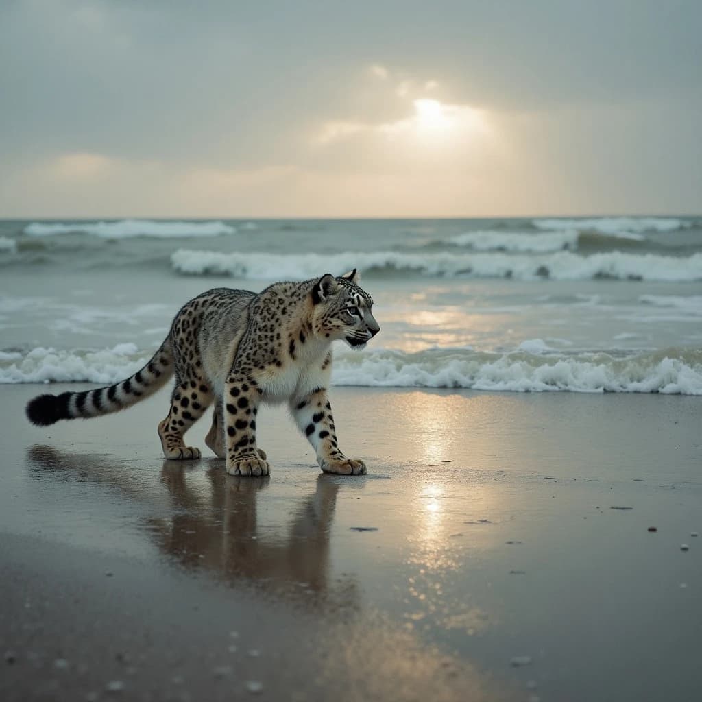 The pause when a snow leopard meets a low band of sun, on a windswept beach, under an overcast sky.