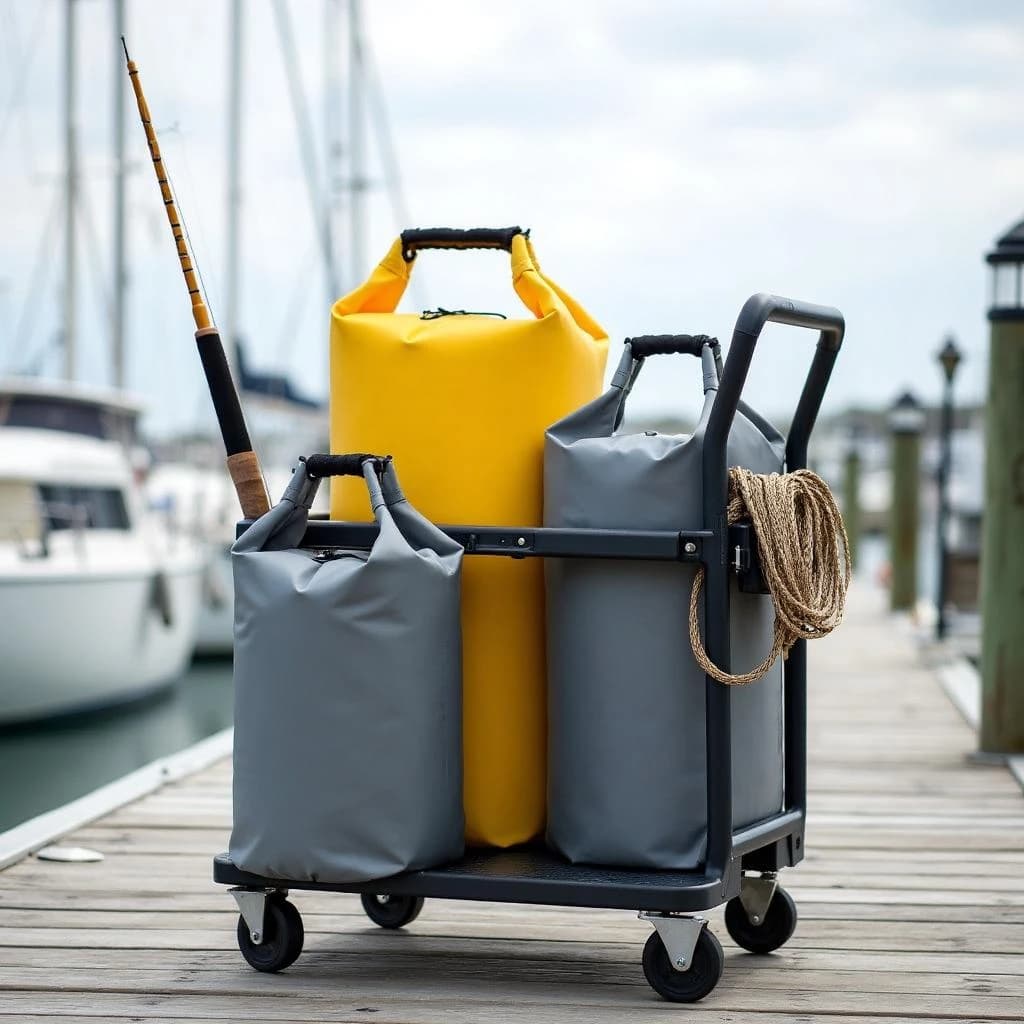 Lifestyle listing photo on a marina dock: a folding dock cart holding three dry bags, the largest yellow and the two smaller ones grey, two fishing rods leaning against the handle, and one coiled dock line hanging from the front rail. Masts blurred behind.