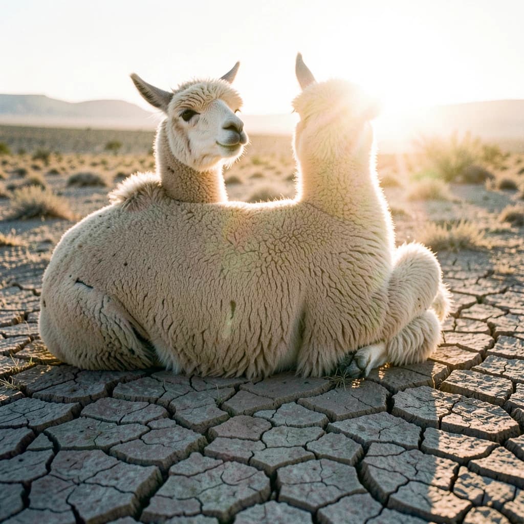 quiet alpaca on cracked earth, backlit