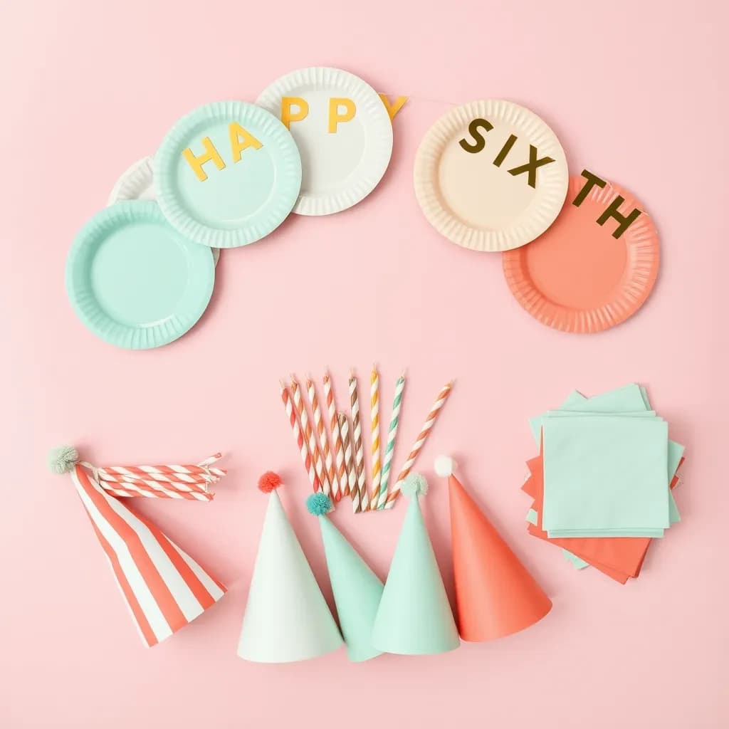 Flat lay photograph on pale pink paper, lit softly from above.
Eight paper plates fanned in an arc across the top of the frame, alternating mint and coral, four of each, mint first from the left.
Below the arc, twelve striped candles bundled under a paper band, laid diagonally.
Three cone party hats stacked at the lower left, only the middle hat trimmed with a pom pom.
At the lower right, six folded napkins in two piles of three, one pile mint and one coral.
A paper banner strung across the very top spells "HAPPY SIXTH" in gold letters, a few letters overlapping the plate arc.