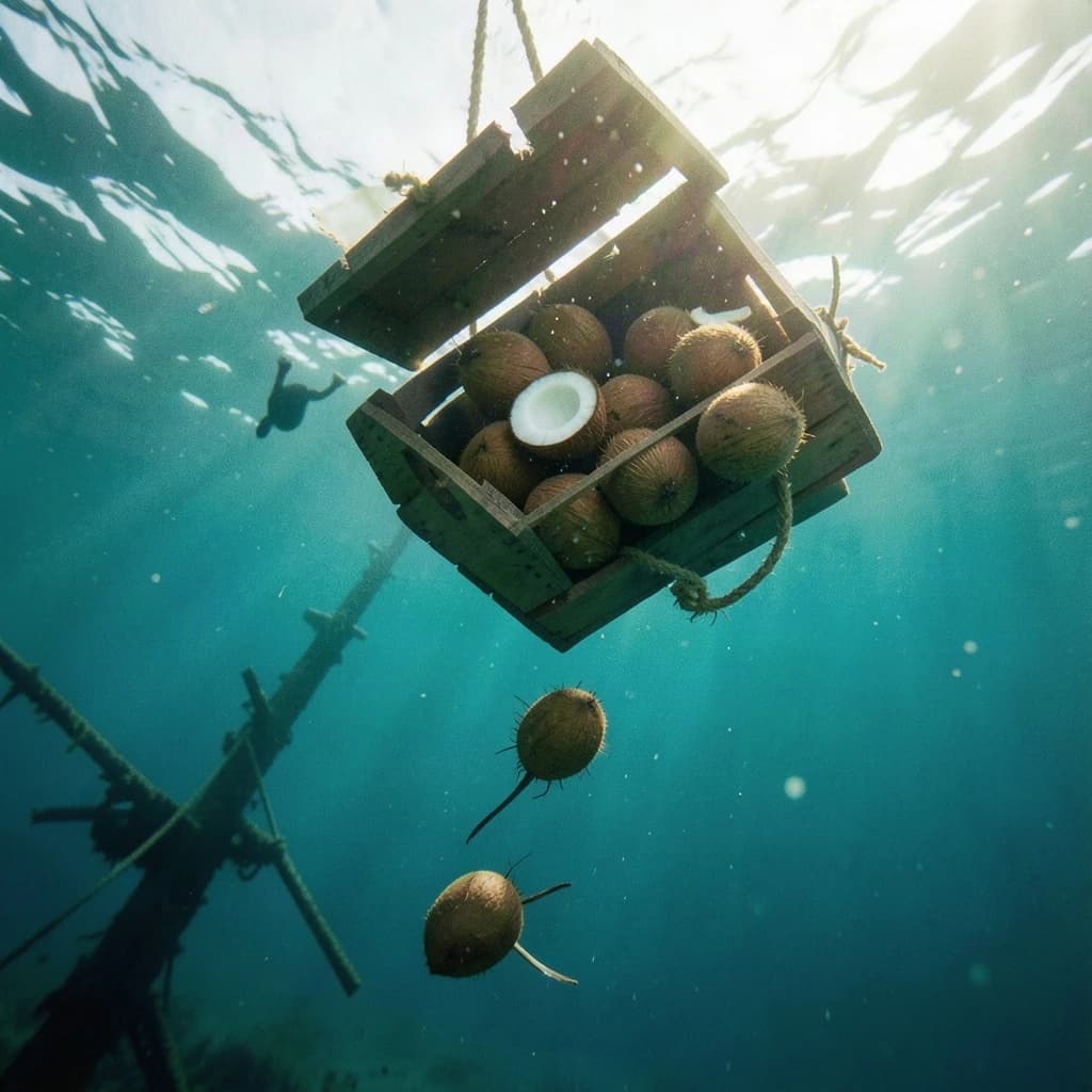 Underwater photography, film still from a castaway feature, shot from six metres down looking up toward the surface. A wooden crate has burst mid-sink: nine coconuts drift out of it, five still husked and pale brown, four split open and white, the split ones sinking faster than the whole ones. The crate hangs above them, lid half torn away, roped to a sunken mast that runs out of frame to the lower left. A swimmer silhouetted against the bright surface reaches down toward the nearest whole coconut, one fin missing. Blue green water column, sunbeams, drifting particles, natural light only.