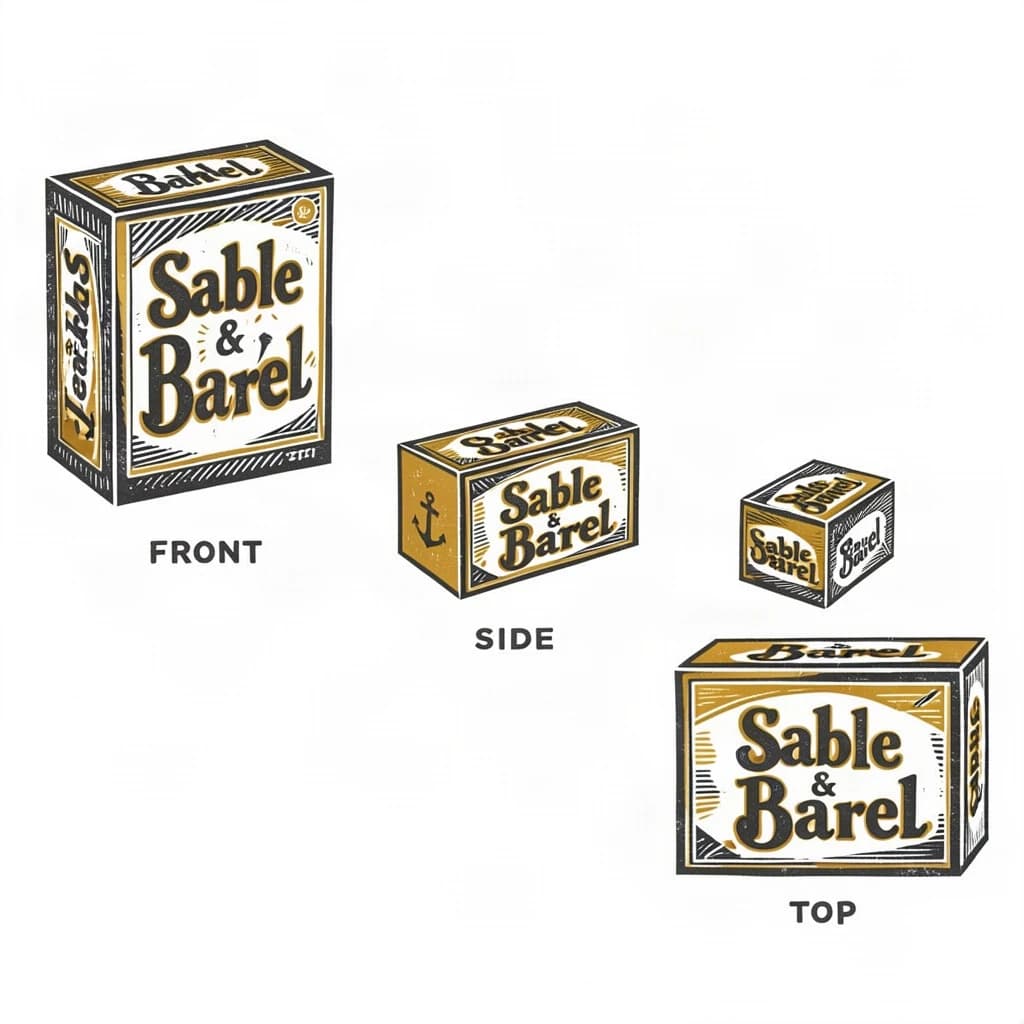 Linocut print: one board-game box in three views. The views are captioned "front", "side" and "top" in that order. The wordmark "Sable & Barrel" appears on every view with a small anchor mark beside it. The mustard-and-charcoal coloring is the same across every view, and only the angle changes.