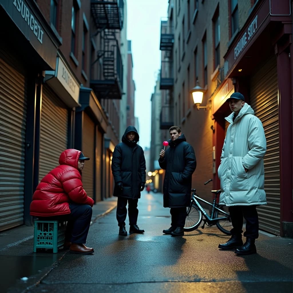 Cinematic photograph for a streetwear campaign, shot straight down a narrow rain-slick alleyway at dusk. Four models spread through the depth of the frame: the nearest crouches on a milk crate in a red puffer, two stand mid-alley in matching black coats, one leaning on a roll-up shutter and one holding a lollipop, and the farthest stands under the single working lamp in white. Three of the six fire escapes above carry laundry lines; the rest are bare. A delivery bike lies on its side between the two middle models. Blurred street traffic only at the far end.