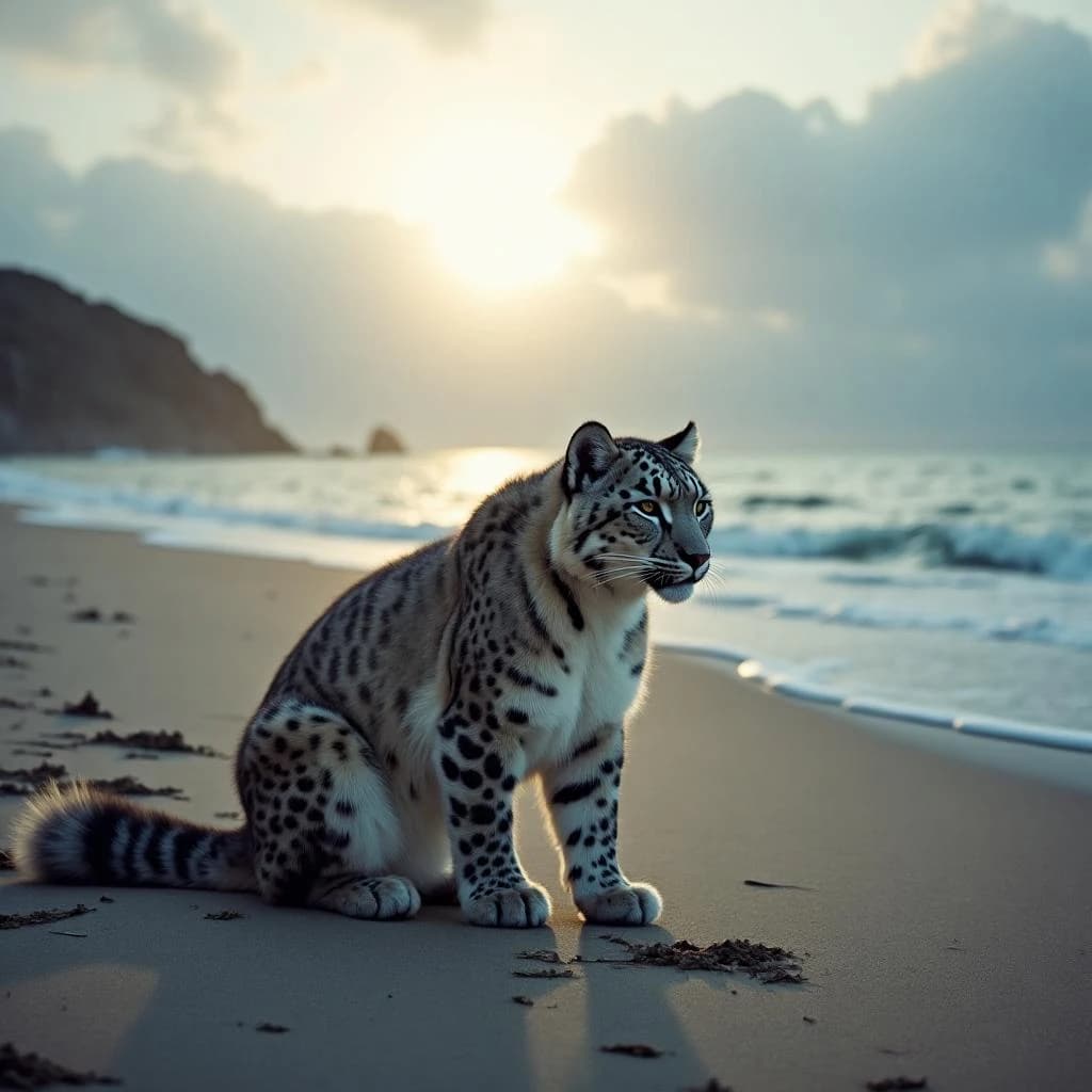The pause when a snow leopard meets a low band of sun, on a windswept beach, under an overcast sky.