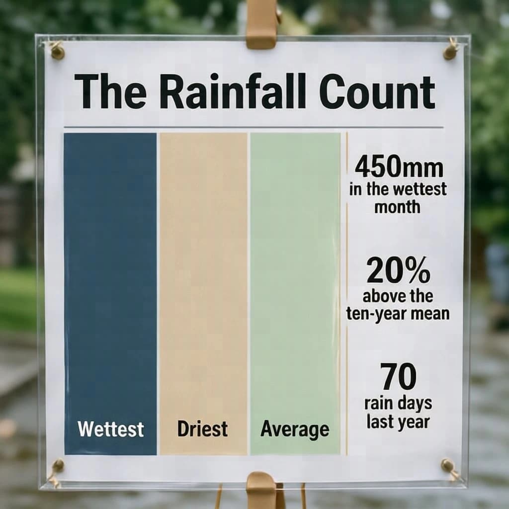 Printed poster titled "The Rainfall Count": at the center a twelve-month rainfall timeline, carrying three keyed regions, "Wettest" shaded dark blue, "Driest" shaded sand and "Average" shaded pale green, beside a right column of three stat chips reading "450mm in the wettest month", "20% above the ten-year mean" and "70 rain days last year".