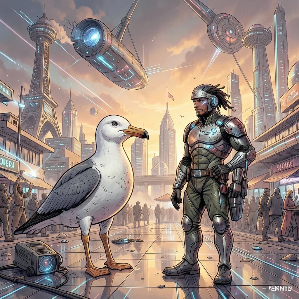 Seagull and Odonate in Khartoum, Sudan in the style of futurism