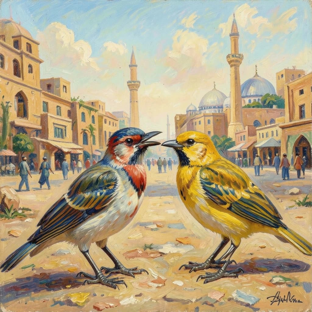 Scrub-Bird and Yellowtail in Cairo, Egypt in the style of impressionist