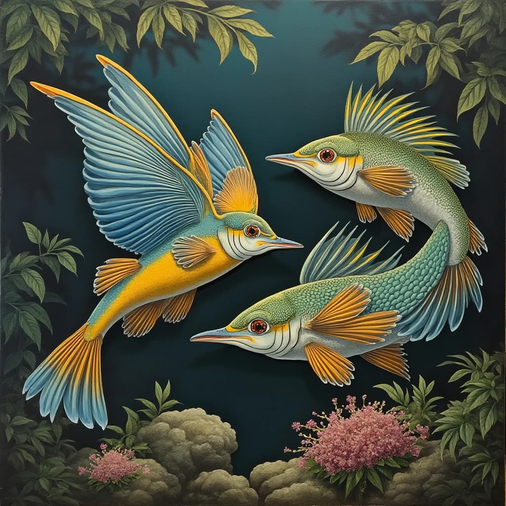 Bonefish and Barbet in Jakarta, Indonesia in the style of baroque