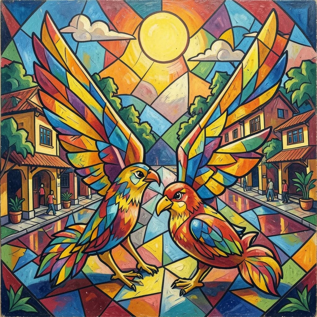 Flight Feather and Catalufa in Hanoi, Vietnam in the style of cubist