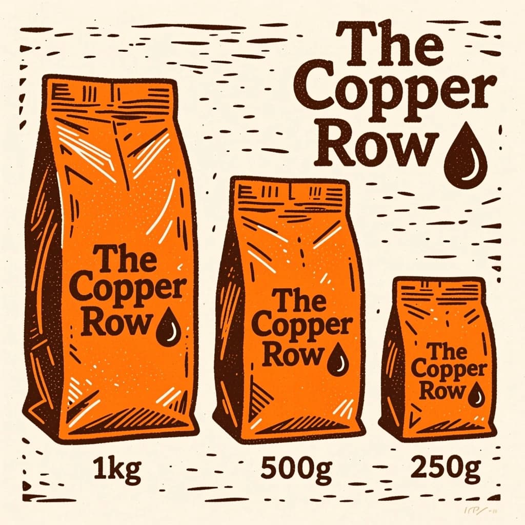 Linocut print: one coffee bag in three sizes. The sizes are captioned "1kg", "500g" and "250g" in that order. The wordmark "The Copper Row" appears on every size with a single droplet symbol beside it. The orange-and-brown coloring is the same across every size, and only the bag size changes.