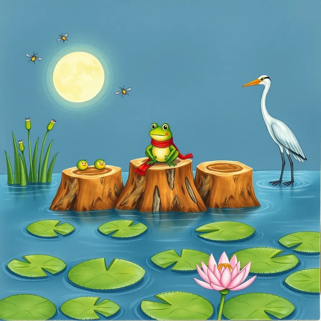 Story card in soft children's book illustration with crayon texture. A moonlit swamp with three cypress stumps in a row across the water. A small green frog in a red scarf sits on the middle stump. Two fireflies circle above his head while four more sit sleeping on the reeds to the left. A heron stands knee deep at the right edge, looking away from the frog. Nine lily pads float across the foreground, only one of them carrying a flower.