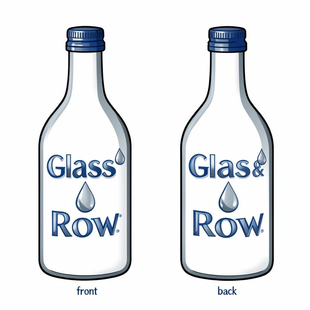 Printed poster of the same hot-sauce bottle drawn in two views, captioned "front" and "back", every view carrying the wordmark "Glass & Row" with a single droplet symbol beside it in the same blue-and-silver coloring, only the angle changing.