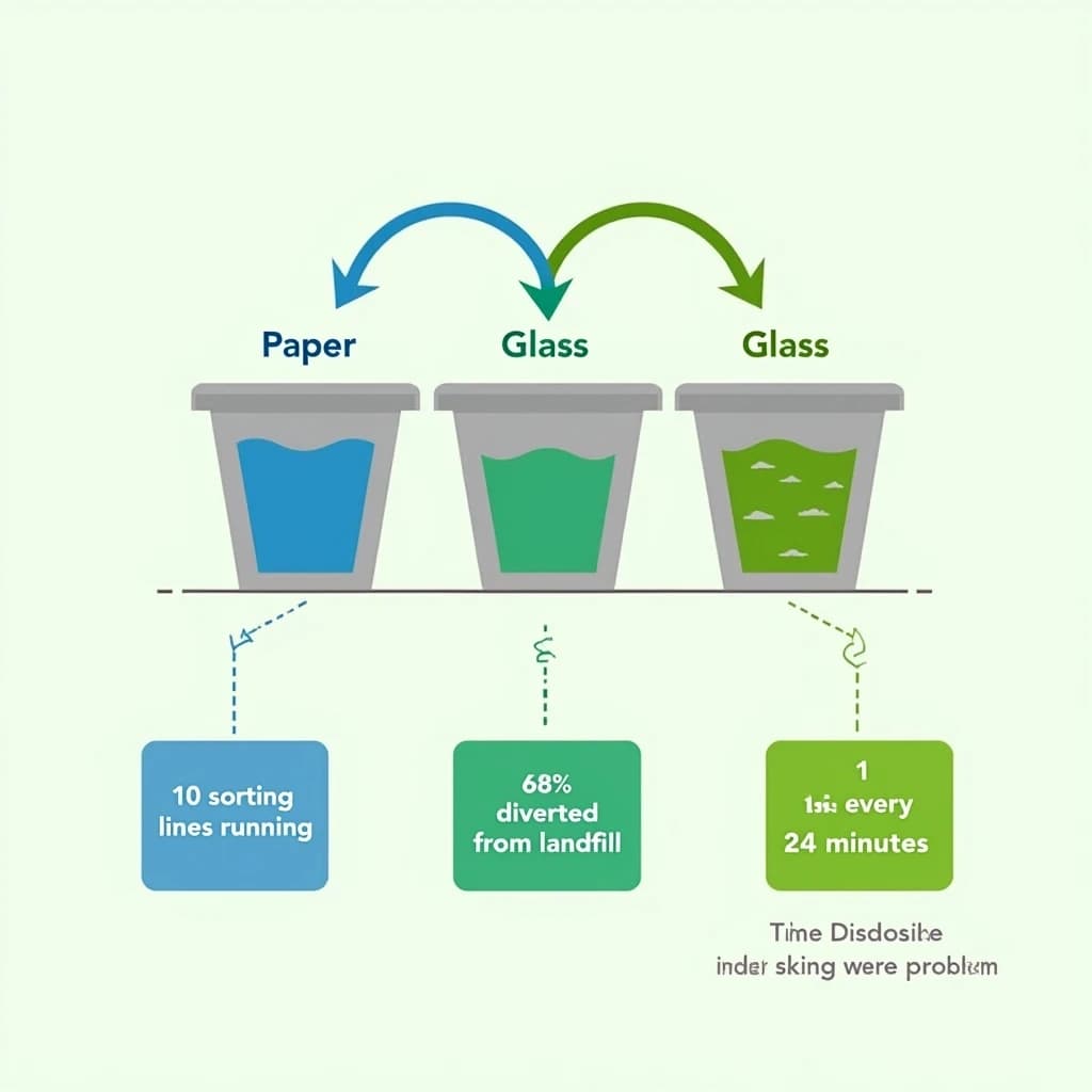 Flat vector illustration titled "The Curbside Problem". Three sorting bins with arrows to their destinations sits at the center, carrying two keyed regions, "Paper" shaded blue and "Glass" shaded green. Three stat chips run down a bottom row, reading "10 sorting lines running", "68% diverted from landfill" and "1 truck every 24 minutes". Each key color matches the shading of the region it names.