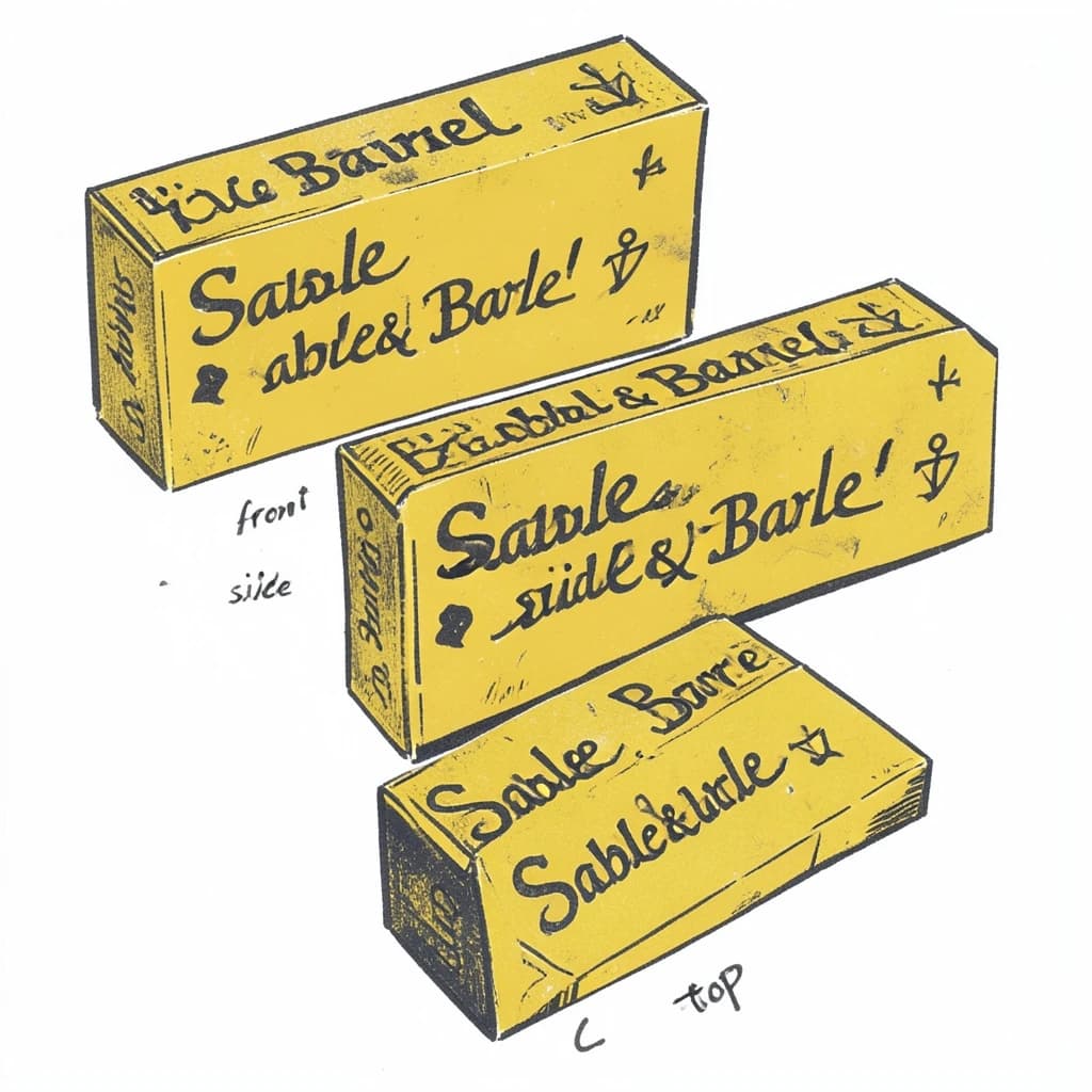 Linocut print: one board-game box in three views. The views are captioned "front", "side" and "top" in that order. The wordmark "Sable & Barrel" appears on every view with a small anchor mark beside it. The mustard-and-charcoal coloring is the same across every view, and only the angle changes.