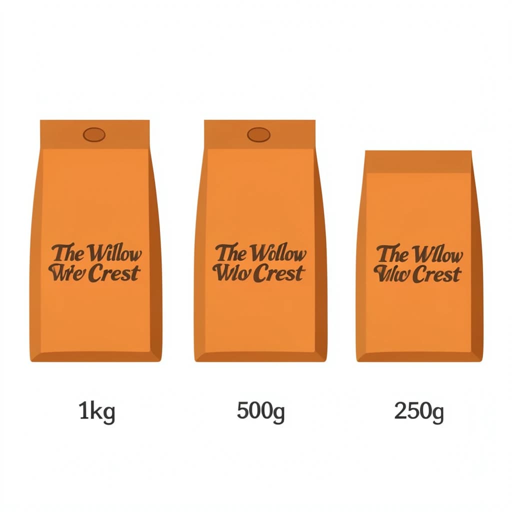 Flat vector illustration of the same coffee bag drawn in three sizes, captioned "1kg", "500g" and "250g", every size carrying the wordmark "The Willow Crest" in the same orange-and-brown coloring, only the bag size changing.