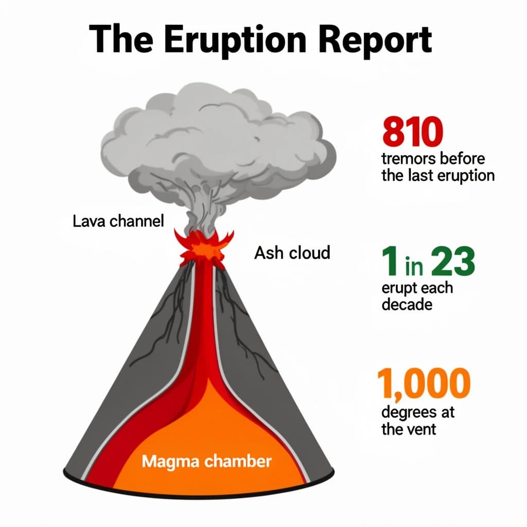 Flat vector illustration titled "The Eruption Report". A cutaway cone sits at the center, carrying three keyed regions, "Lava channel" shaded red, "Ash cloud" shaded gray and "Magma chamber" shaded orange. Three stat chips run down a right column, reading "810 tremors before the last eruption", "1 in 23 erupt each decade" and "1,000 degrees at the vent". Each key color matches the shading of the region it names.