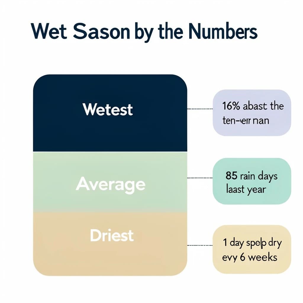 Flat vector illustration titled "Wet Season by the Numbers". A twelve-month rainfall timeline sits at the center, carrying three keyed regions, "Wettest" shaded dark blue, "Average" shaded pale green and "Driest" shaded sand. Three stat chips run down a right column, reading "16% above the ten-year mean", "85 rain days last year" and "1 dry spell every 6 weeks". Each key color matches the shading of the region it names.