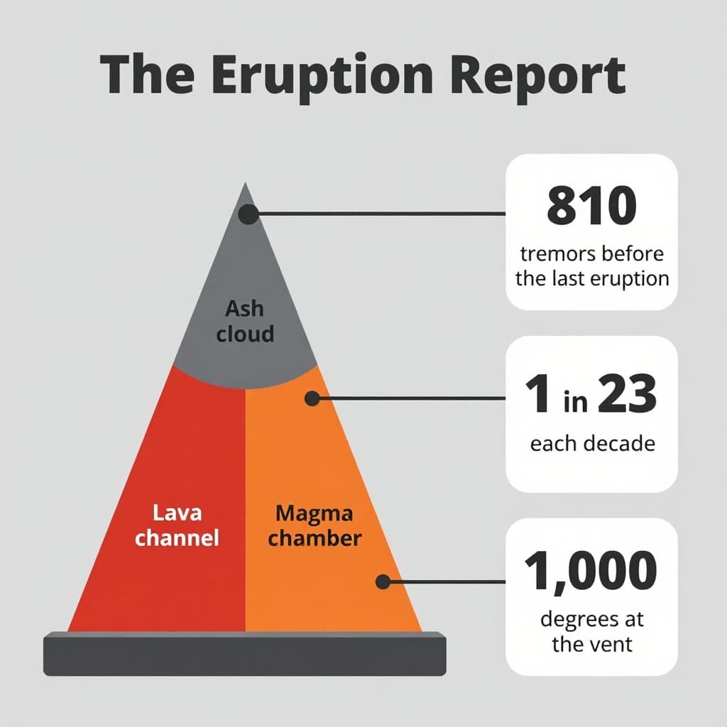 Flat vector illustration titled "The Eruption Report". A cutaway cone sits at the center, carrying three keyed regions, "Lava channel" shaded red, "Ash cloud" shaded gray and "Magma chamber" shaded orange. Three stat chips run down a right column, reading "810 tremors before the last eruption", "1 in 23 erupt each decade" and "1,000 degrees at the vent". Each key color matches the shading of the region it names.