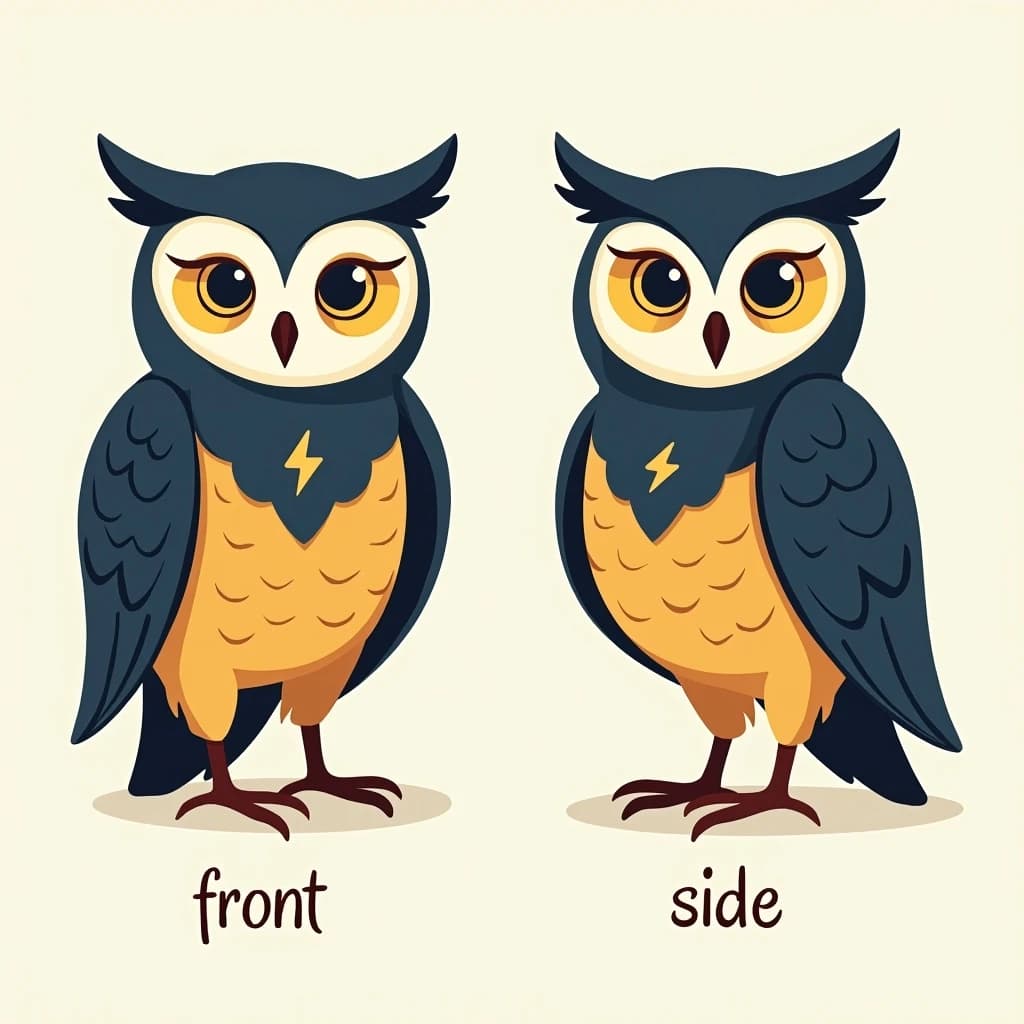 Flat vector illustration of the same bookstore owl mascot drawn in two views, captioned "front" and "side", every view carrying the wordmark "Harbor & Post" with a lightning-bolt symbol beside it in the same navy-and-gold coloring, only the angle changing.