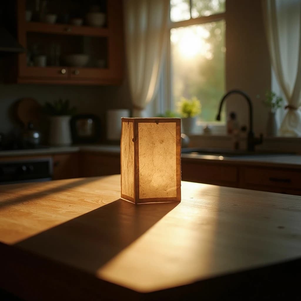 The still point when a paper lantern reads as a single dark silhouette, in a sunlit kitchen, under soft morning light.