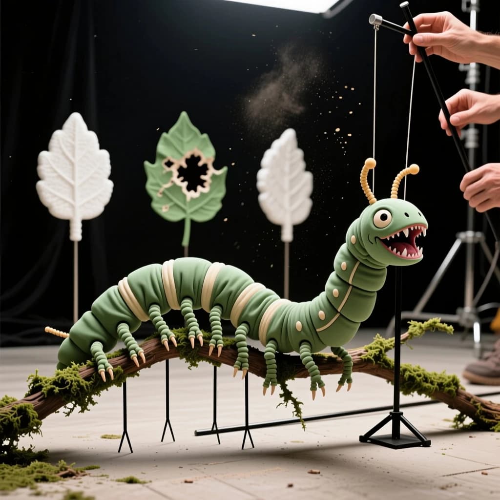 Macro photography of a practical effects test on a soundstage floor. A metre-long animatronic caterpillar puppet, dull green with a cream stripe, arched over a moss-covered branch: eight pairs of stubby legs, the front three pairs gripping the branch, the rest hanging free. Two thin black rods run out of frame to the right where a puppeteer's hands are just visible, and a third rod supports the head, which is turned toward camera with its mandibles open. Behind it, three sprayed foam leaves on stands, the middle one already chewed through. Hard key from above, black felt background, dust in the air.