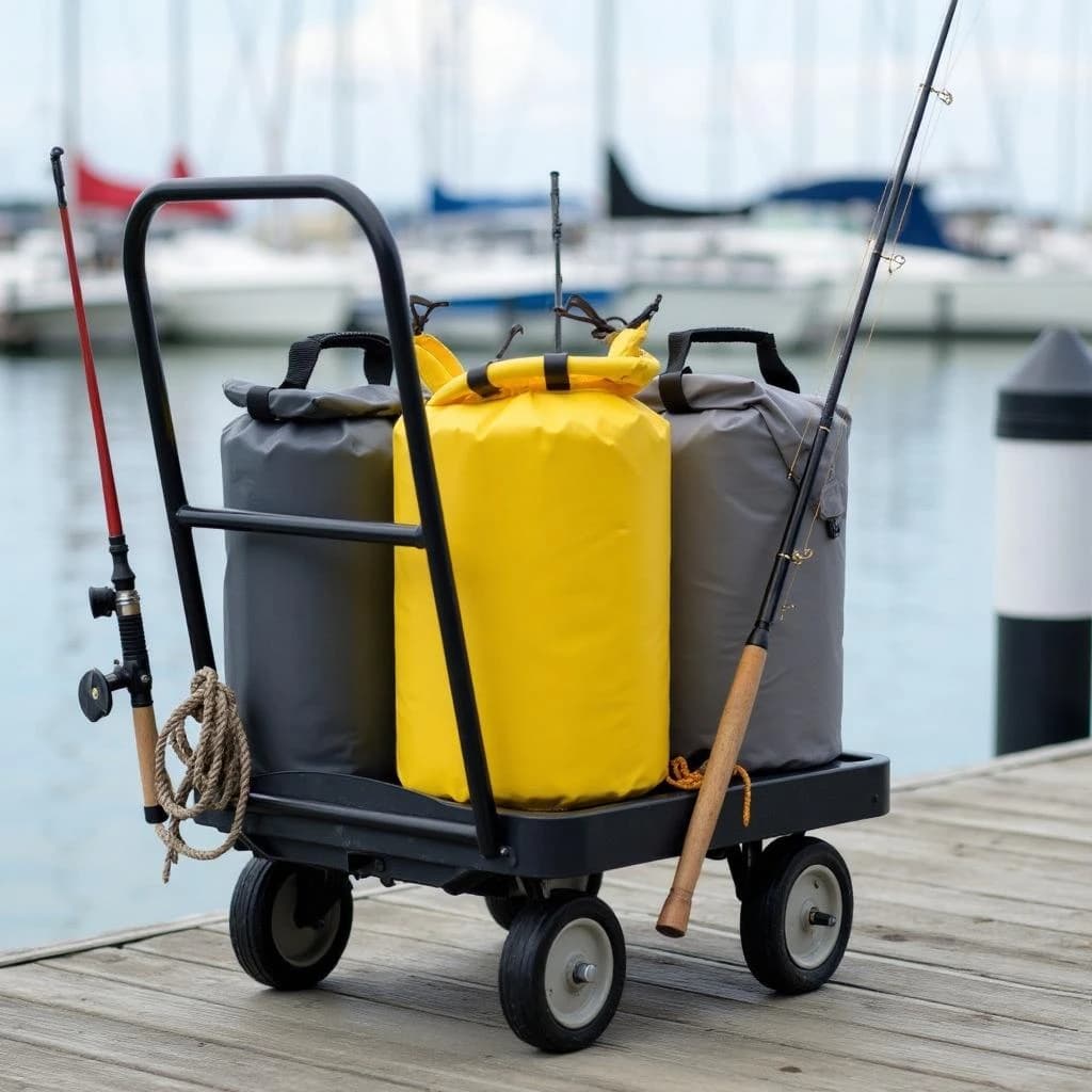 Lifestyle listing photo on a marina dock: a folding dock cart holding three dry bags, the largest yellow and the two smaller ones grey, two fishing rods leaning against the handle, and one coiled dock line hanging from the front rail. Masts blurred behind.