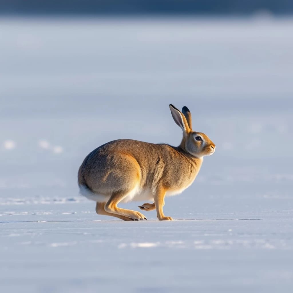 single arctic hare on smooth ice, noon
