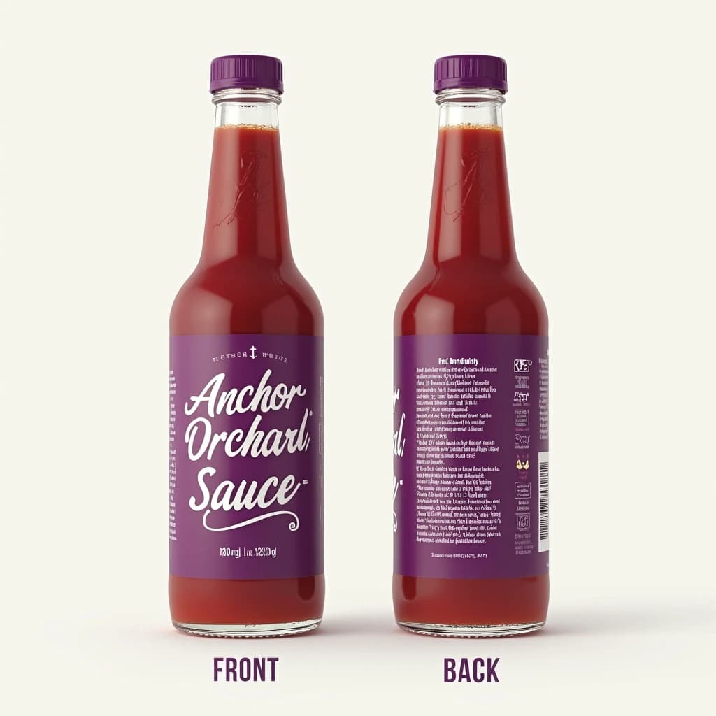 Printed poster: one hot-sauce bottle in two views. The views are captioned "front" and "back" in that order. The wordmark "Anchor Orchard" appears on every view. The purple-and-white coloring is the same across every view, and only the angle changes.