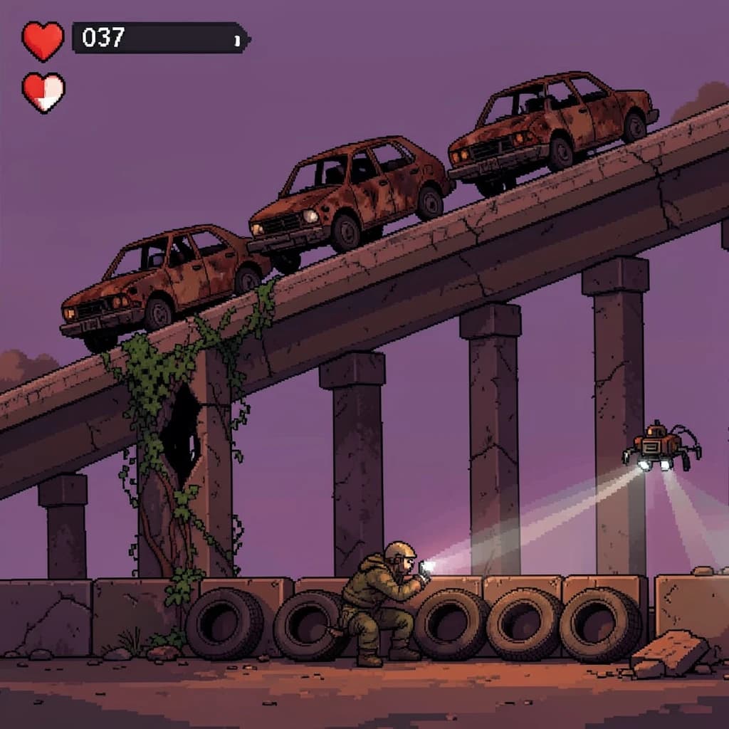 Side-scrolling pixel art screenshot from a post-apocalyptic survival platformer, dusk palette of rust and violet. A collapsed highway overpass cuts diagonally across the frame on four concrete support pillars, the second from the left snapped in half and wrapped in vines. On the deck above sit three burnt-out cars nose to tail, only the middle one still upright. Below, the player crouches behind a barricade of five stacked tires while two scavenger drones sweep flashlight cones in from the right. Top-left interface: three heart icons with the last half empty, a scrap counter reading "037", and a thin compass strip.