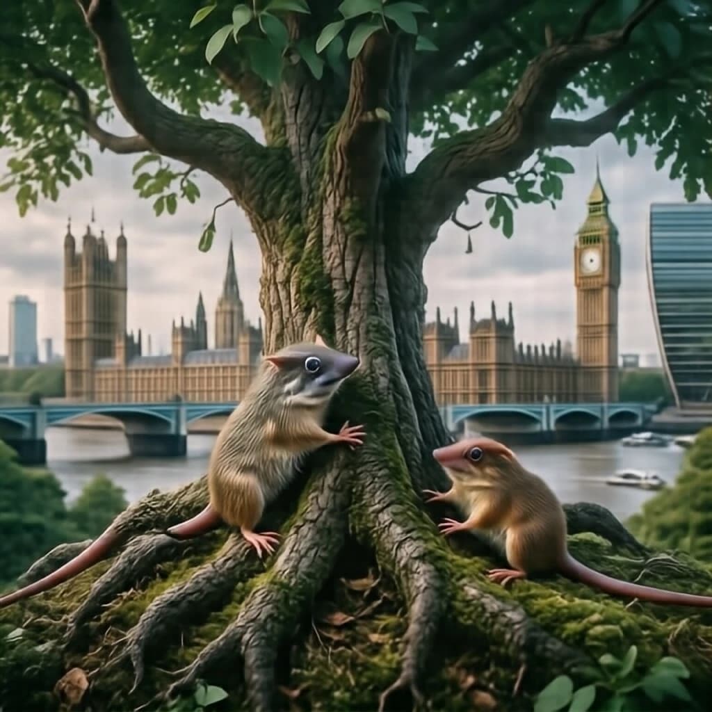 Tree Shrew and Suckling in London, United Kingdom in the style of futurism