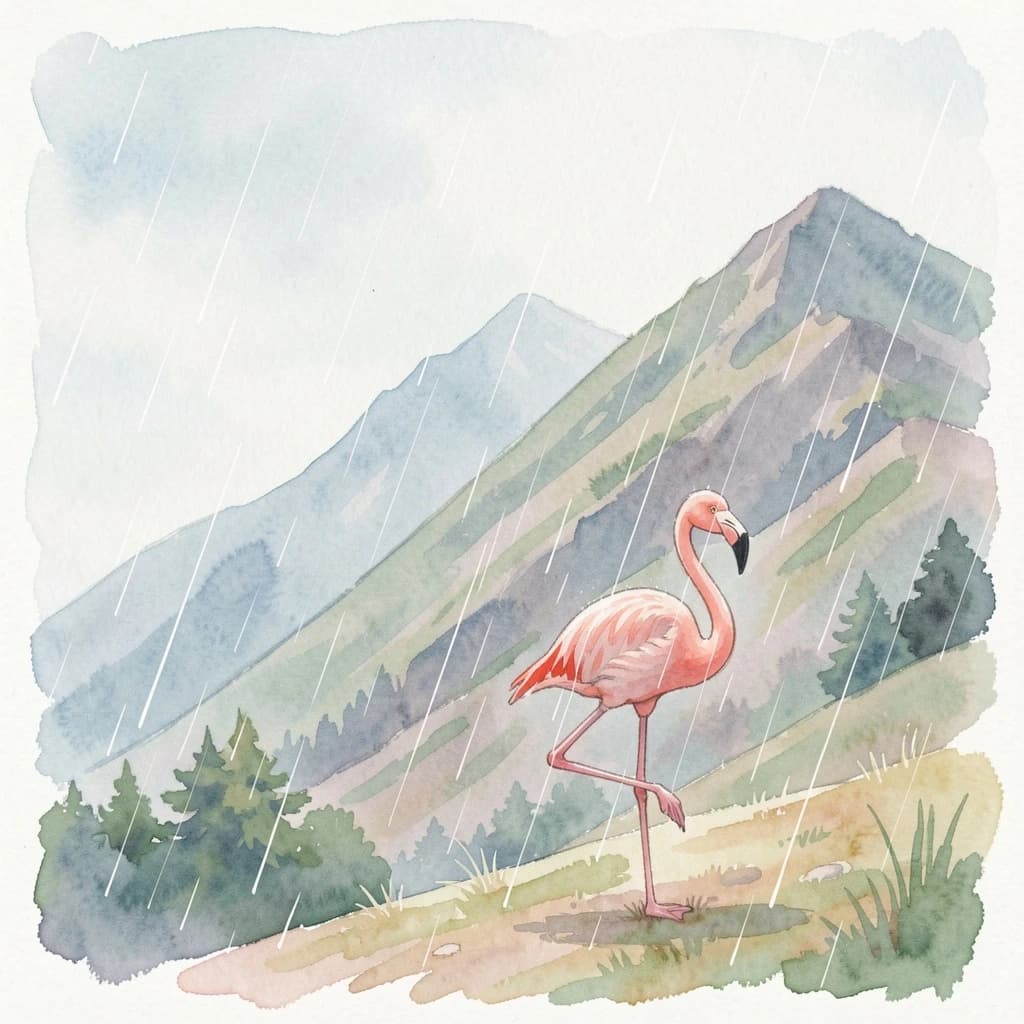 flamingo, mountain ridge, light rain, off-center framing with negative space, watercolor, soft edges