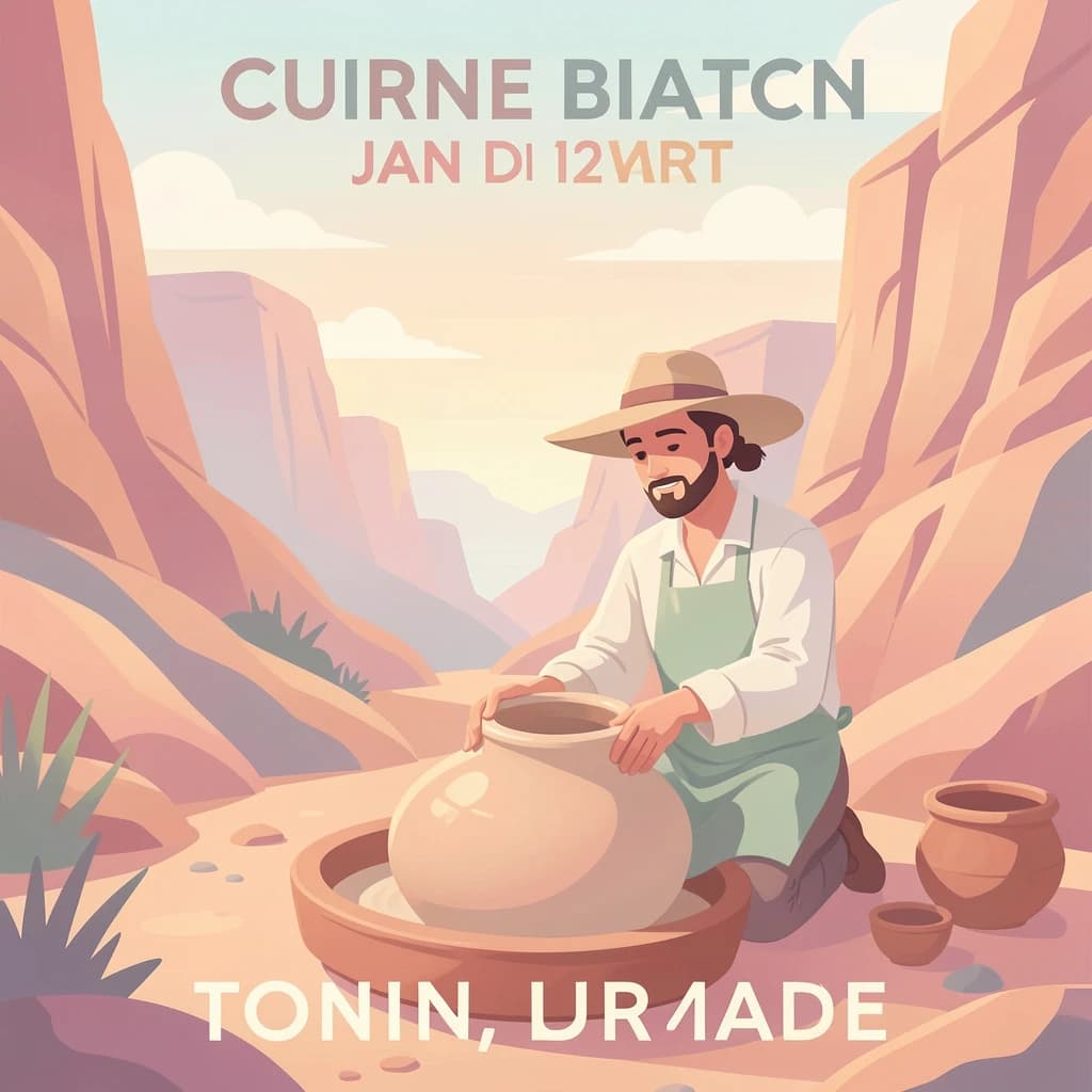Poster illustration of a potter in a desert canyon, soft gradient fills, smooth vector finish, pastel palette.