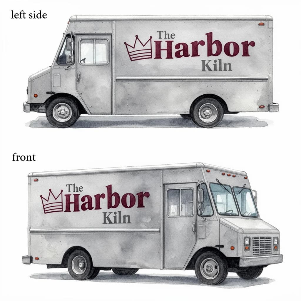 Watercolor of the same food truck drawn in two sides, captioned "left side" and "front", every side carrying the wordmark "The Harbor Kiln" with a simple crown outline beside it in the same maroon-and-gray coloring, only the side changing.