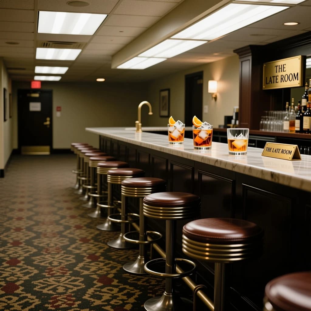 Liminal space photograph of a hotel bar at four in the morning, humming fluorescent ceiling panels, patterned carpet running off frame, nobody in sight. Eleven identical barstools stand in one unbroken row along the counter, only the fifth pulled out and turned. Three finished old fashioneds sit spaced along the bar, each down to melted ice and a single orange peel, and a fourth glass, freshly poured and still clear, waits at the far end beside a small brass sign reading "THE LATE ROOM".
