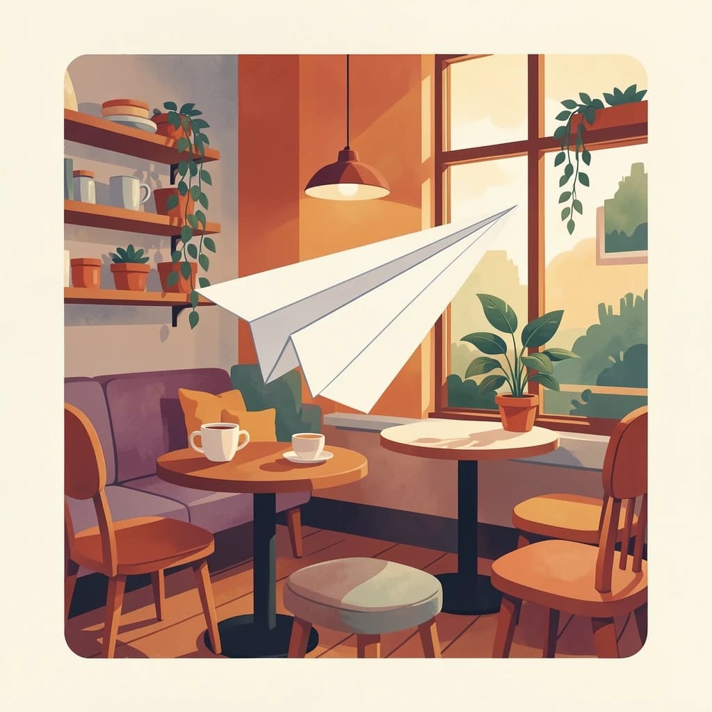 Silkscreen print of a paper airplane inside a cozy cafe, layered wash, smooth vector finish, split-complementary palette.