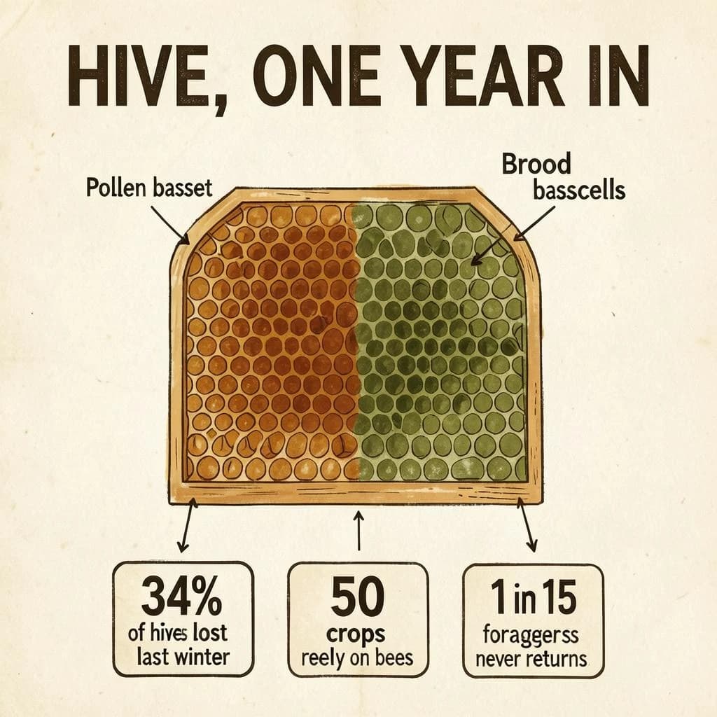 Printed poster titled "Hive, One Year In": at the center a cutaway of a hive frame, carrying two keyed regions, "Pollen basket" shaded amber and "Brood cells" shaded olive, beside a bottom row of three stat chips reading "34% of hives lost last winter", "50 crops rely on bees" and "1 in 15 foragers never returns".