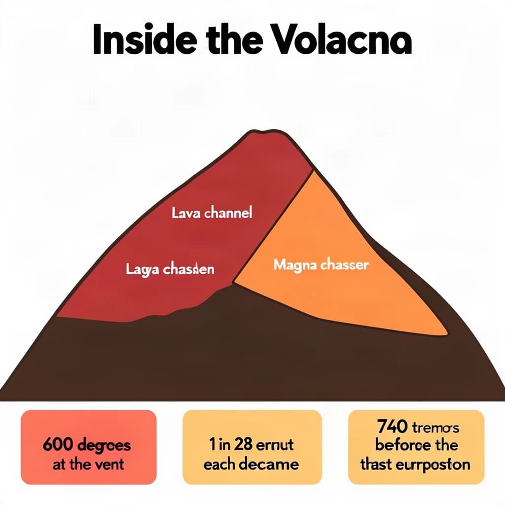 Flat infographic titled "Inside the Volcano". A simplified hazard map of the slopes sits at the center, carrying two keyed regions, "Lava channel" shaded red and "Magma chamber" shaded orange. Three stat chips run down a bottom row, reading "600 degrees at the vent", "1 in 28 erupt each decade" and "760 tremors before the last eruption". Each key color matches the shading of the region it names.