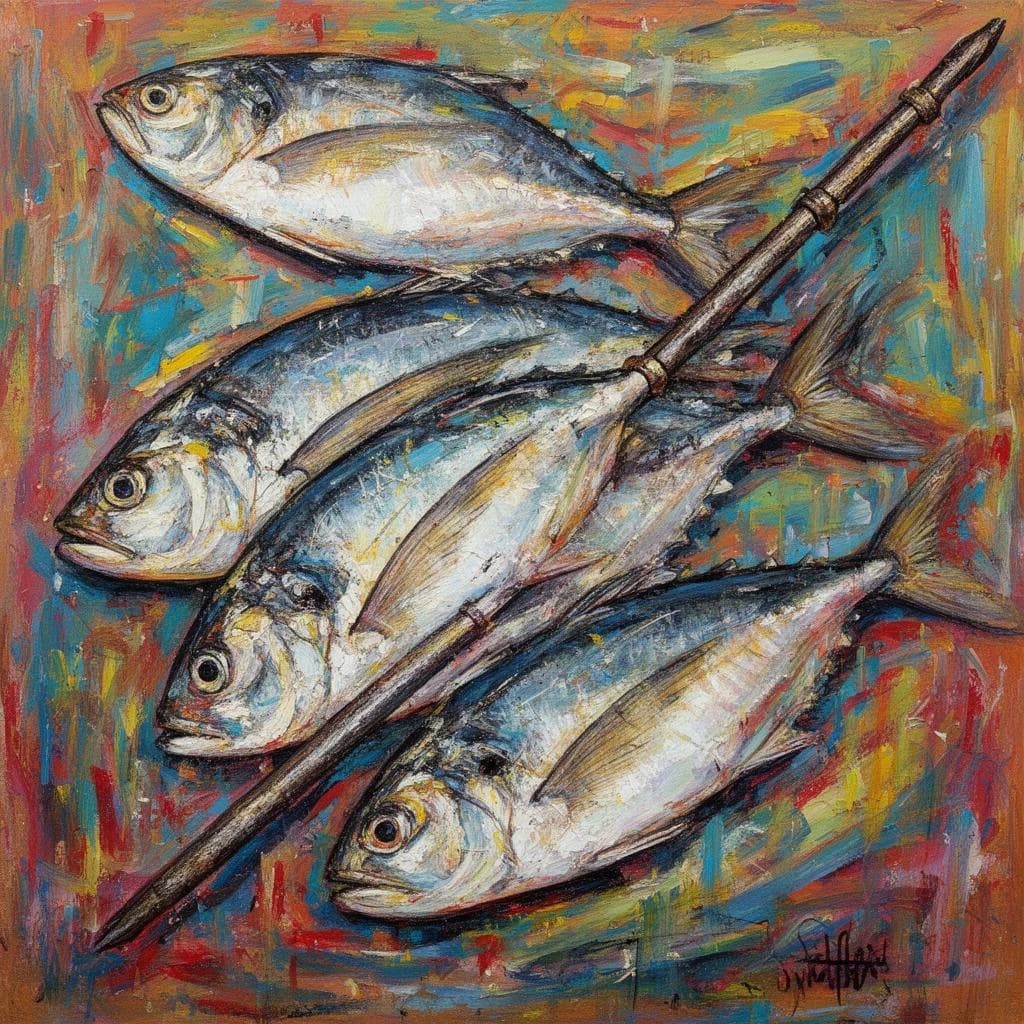 Butterfish and Spear in Sri Jayawardenepura Kotte, Sri Lanka in the style of abstract