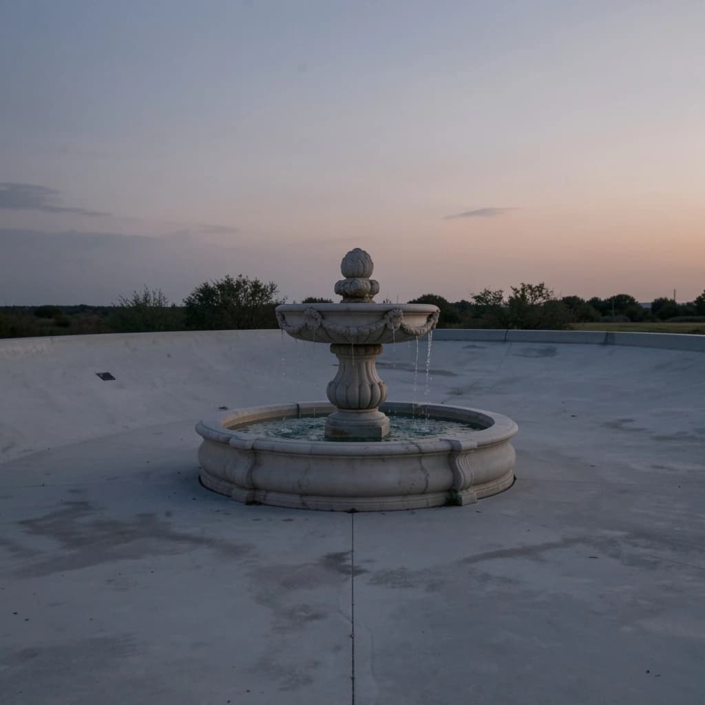 one marble fountain against plain concrete, dusk