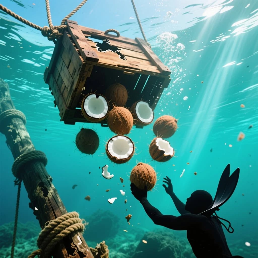 Underwater photography, film still from a castaway feature, shot from six metres down looking up toward the surface. A wooden crate has burst mid-sink: nine coconuts drift out of it, five still husked and pale brown, four split open and white, the split ones sinking faster than the whole ones. The crate hangs above them, lid half torn away, roped to a sunken mast that runs out of frame to the lower left. A swimmer silhouetted against the bright surface reaches down toward the nearest whole coconut, one fin missing. Blue green water column, sunbeams, drifting particles, natural light only.