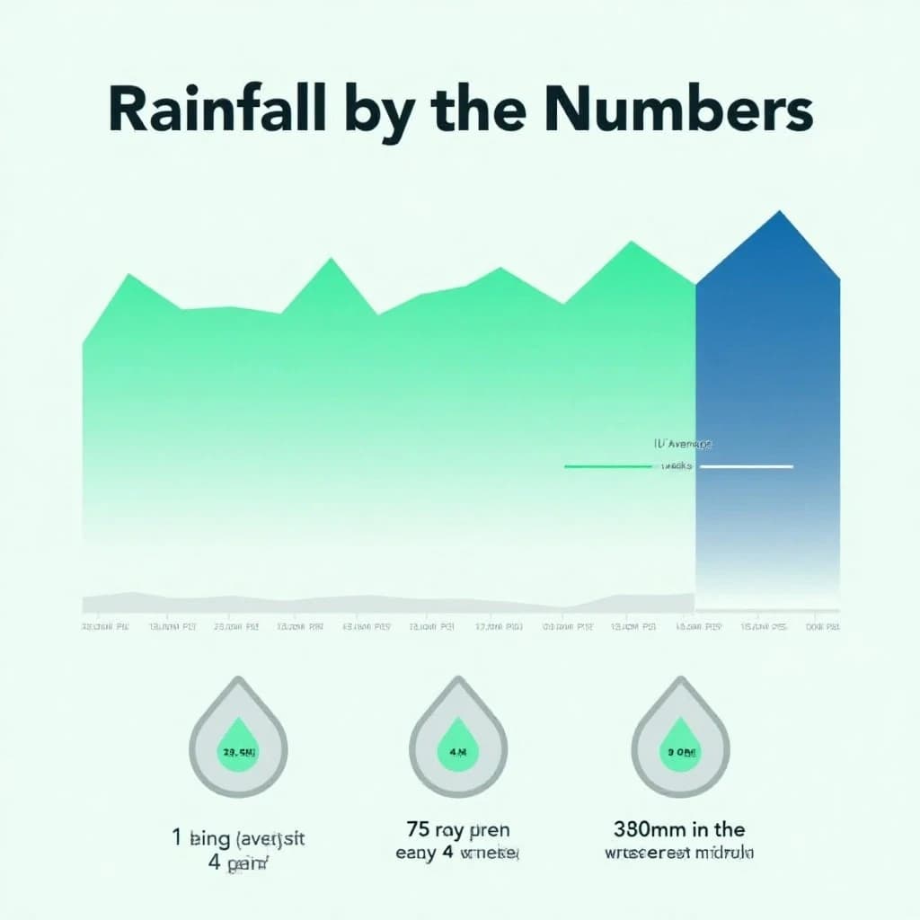 Flat infographic titled "Rainfall by the Numbers": at the center a twelve-month rainfall timeline, carrying two keyed regions, "Average" shaded pale green and "Wettest" shaded dark blue, beside a bottom row of three stat chips reading "1 dry spell every 4 weeks", "175 rain days last year" and "380mm in the wettest month".