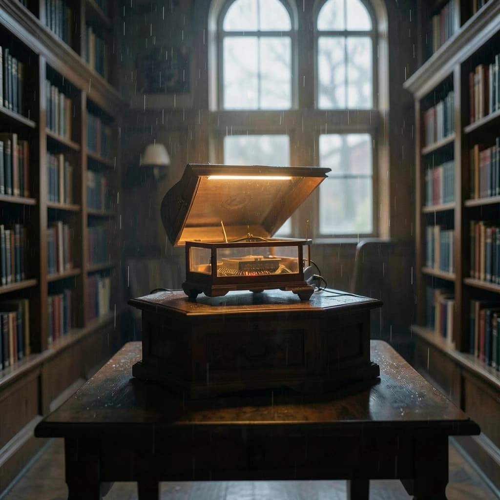 The quiet second when a music box takes on a thin rim of warm light, in a quiet library, in light rain.