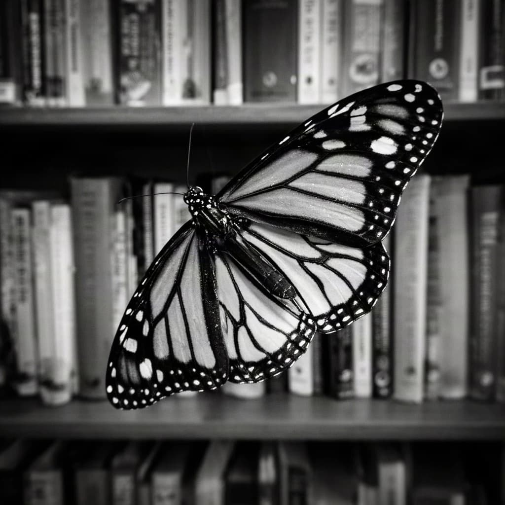 24mm f/2.8 full-length framing of a monarch butterfly in a quiet library, side-lit, natural lens compression, high-contrast black-and-white look