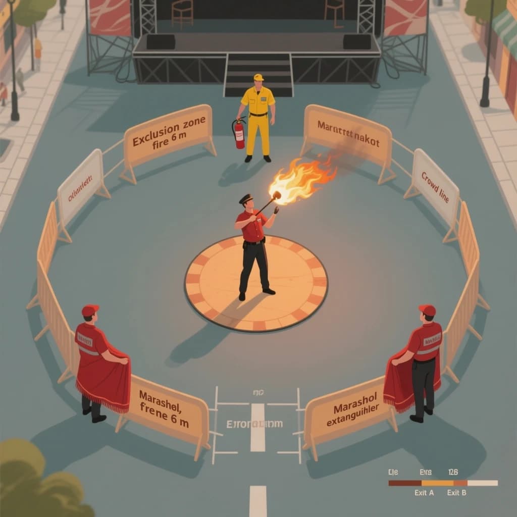 Top down flat vector site safety plan for an outdoor street festival stage. At the centre a fire breather stands on a circular marked pad, flame arc pointing north into an empty exclusion zone with nothing inside it. Two marshals in red hold blankets flanking the pad, one west and one east, and a third marshal in yellow stands behind the performer with an extinguisher. Six barrier segments form a semicircle five metres south of the pad, with two gaps left as exits. Labels read "Exclusion zone 6 m", "Marshal, fire blanket", "Marshal, extinguisher", "Crowd line", "Exit A", "Exit B". Scale bar bottom right, muted amber and slate palette.