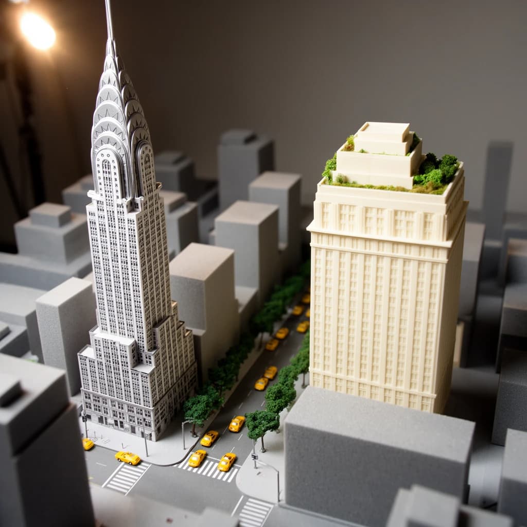 Tilt shift photograph of a hand built architectural scale model of a Midtown Manhattan block, studio lit from the upper left.
The Chrysler Building stands on the corner in polished silver card with its stepped crown and triangular windows. Directly across the street sits a proposed cream limestone tower, two floors shorter, topped by a stepped roof garden. Between them four smaller grey massing blocks in plain foam. Six tiny yellow cabs on the avenue, three stopped at the crossing and three queued behind, with a line of green model trees down the median.