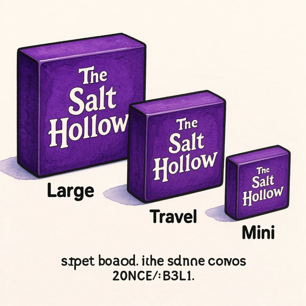 Watercolor of the same board-game box drawn in three editions, captioned "Large", "Travel" and "Mini", every edition carrying the wordmark "The Salt Hollow" in the same purple-and-white coloring, only the box size changing.