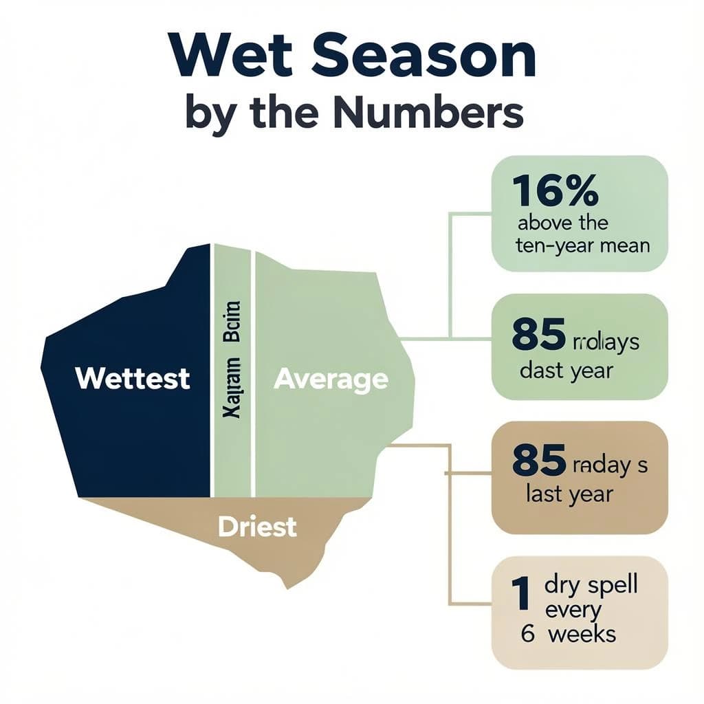 Flat vector illustration titled "Wet Season by the Numbers". A twelve-month rainfall timeline sits at the center, carrying three keyed regions, "Wettest" shaded dark blue, "Average" shaded pale green and "Driest" shaded sand. Three stat chips run down a right column, reading "16% above the ten-year mean", "85 rain days last year" and "1 dry spell every 6 weeks". Each key color matches the shading of the region it names.