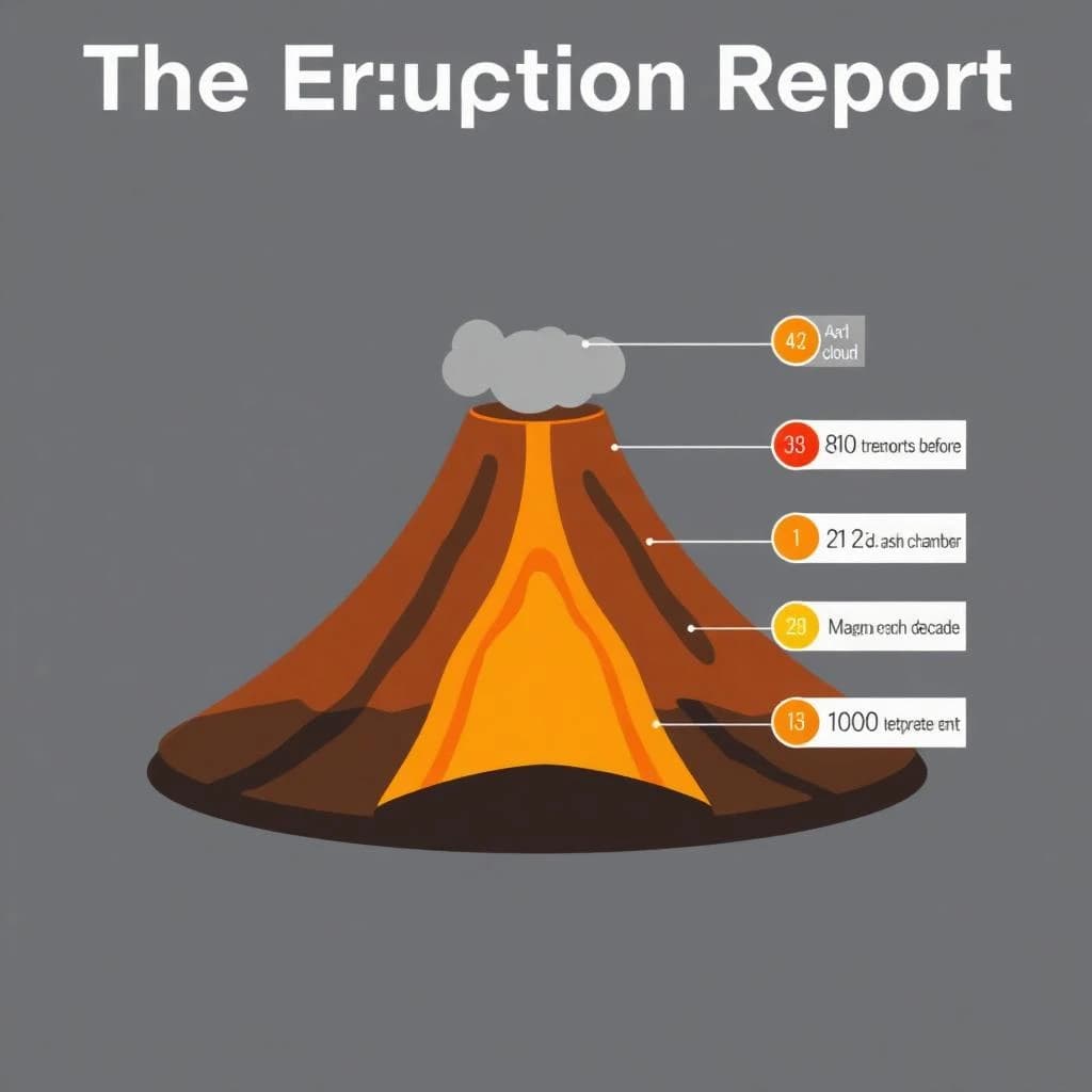Flat vector illustration titled "The Eruption Report". A cutaway cone sits at the center, carrying three keyed regions, "Lava channel" shaded red, "Ash cloud" shaded gray and "Magma chamber" shaded orange. Three stat chips run down a right column, reading "810 tremors before the last eruption", "1 in 23 erupt each decade" and "1,000 degrees at the vent". Each key color matches the shading of the region it names.